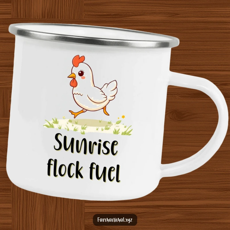 Funny kawaii chicken galloping excitedly on a durable camping mug, perfect for outdoor adventures and humorous farm animal fans.