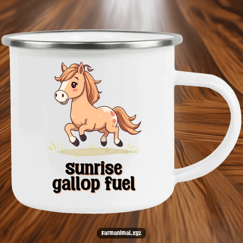 Happy Horse Galloping Camping Mug, horse galloping with flowing mane, ideal for outdoor lovers and equestrians.