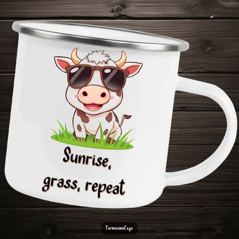 Funny cow wearing sunglasses, happily munching grass on a rustic camping mug, for outdoor laughs.