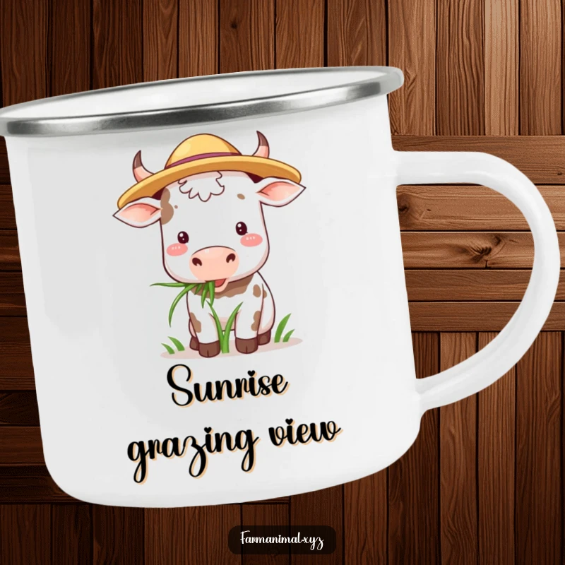 Funny Cow Camping Mug: A cow wearing a straw hat happily chews grass in a rustic setting, perfect for outdoor charm.