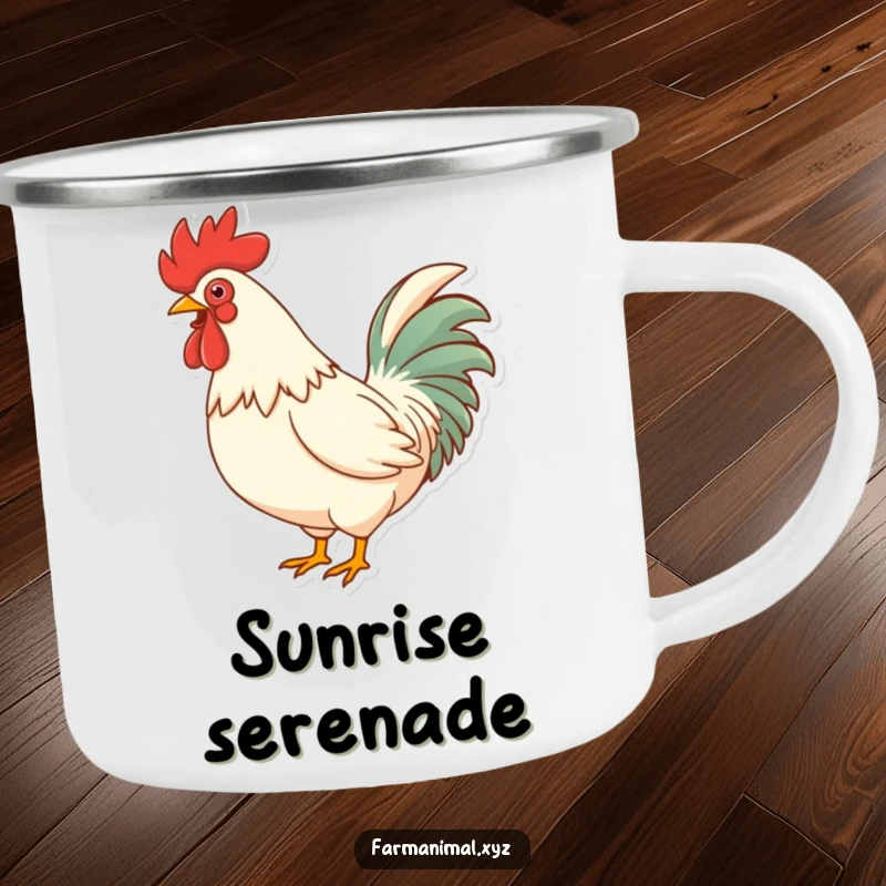 Funny Rooster Crowing Camping Mug, showing a rooster puffing its chest, ready for a loud crow, perfect for campfire laughs and morning coffee.