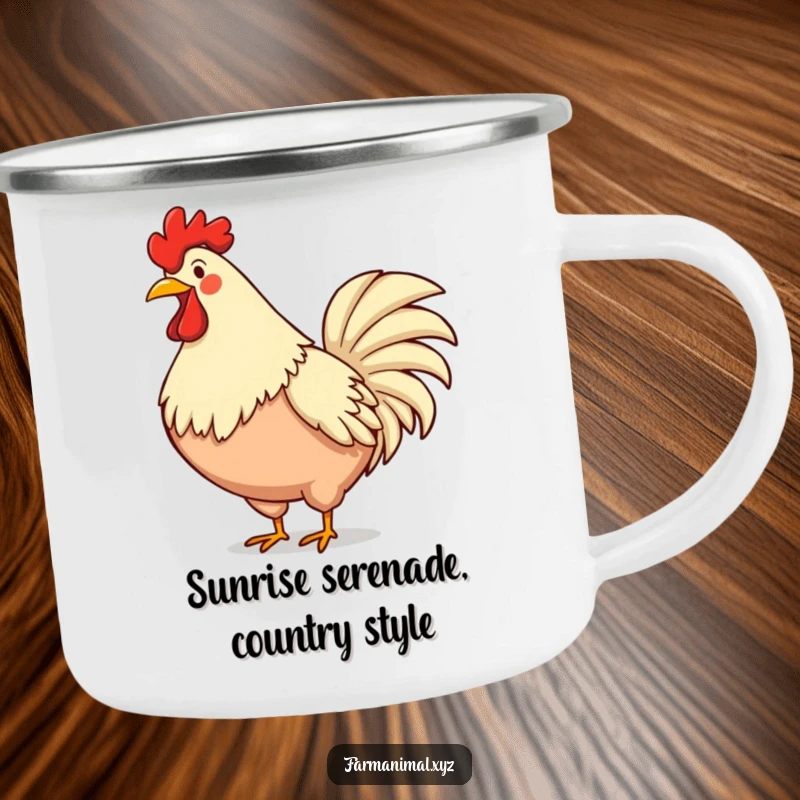 Funny rooster camping mug featuring a proud rooster crowing loudly, chest puffed out, perfect for outdoor mornings and cheerful vibes.