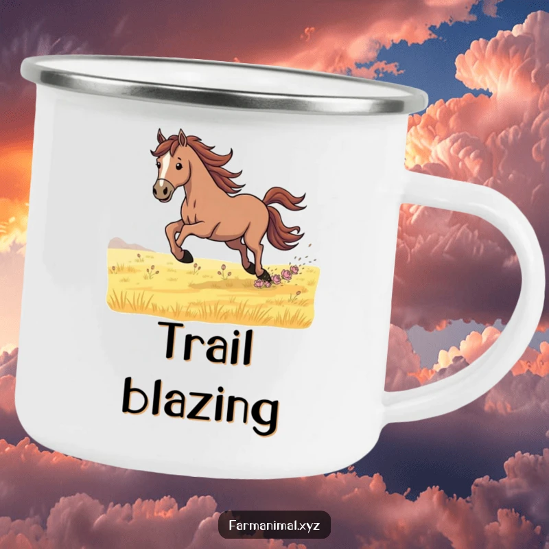 Funny Camping Mug featuring a determined horse galloping across a field, designed for outdoor adventures and lovers of equestrian spirit.