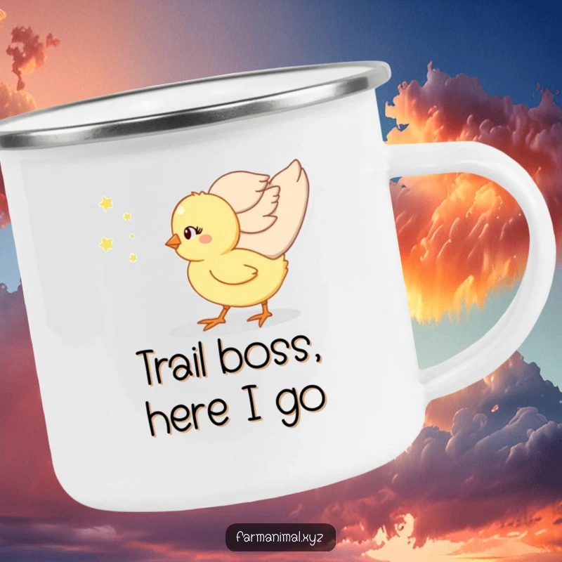Funny chick following its mom on a durable camping mug, a cute and humorous companion for outdoor trips.