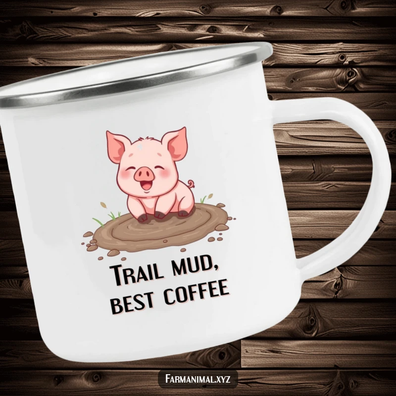 Funny piglet camping mug, happily splashing in a muddy puddle, durable enamel cup for outdoor adventures, a humorous gift.
