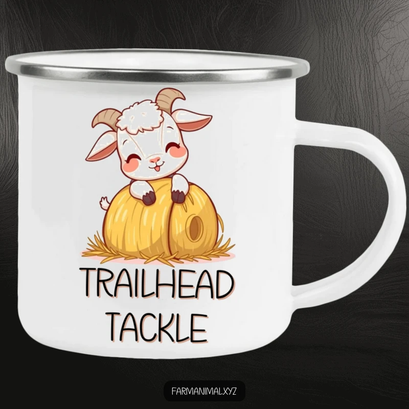 Funny Goat Headbutting Camping Mug, showing a goat's comical headbutt on a hay bale, ideal for campfire stories and morning brews.