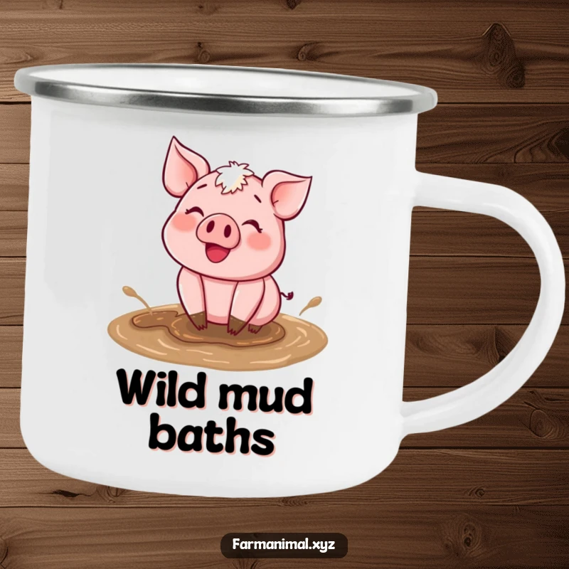 Funny Happy Pig Mud Camping Mug with a happy pig wallowing in mud, perfect for outdoor drinks and messy fun.