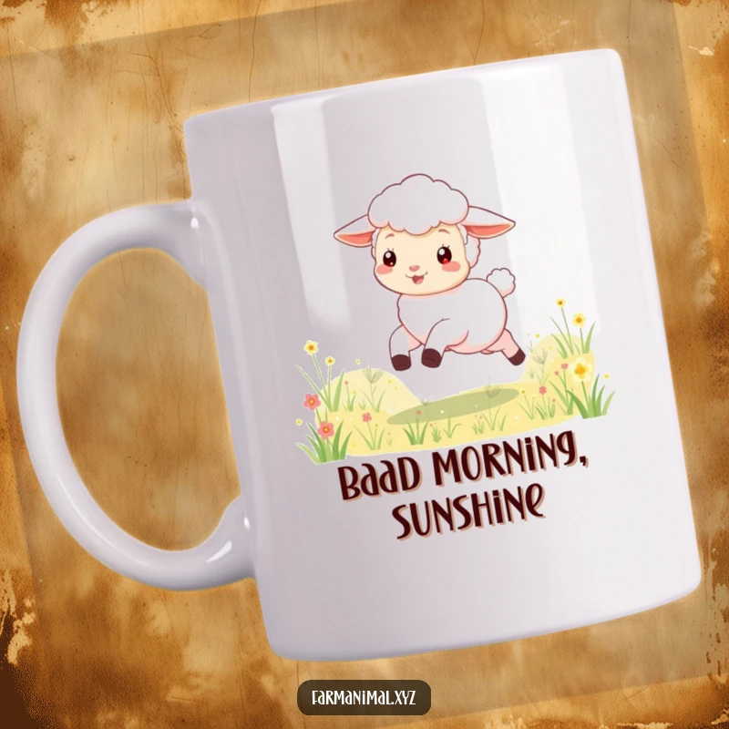 Funny lamb mug featuring a playful character joyfully skipping through a vibrant meadow, evoking happiness and lighthearted fun.