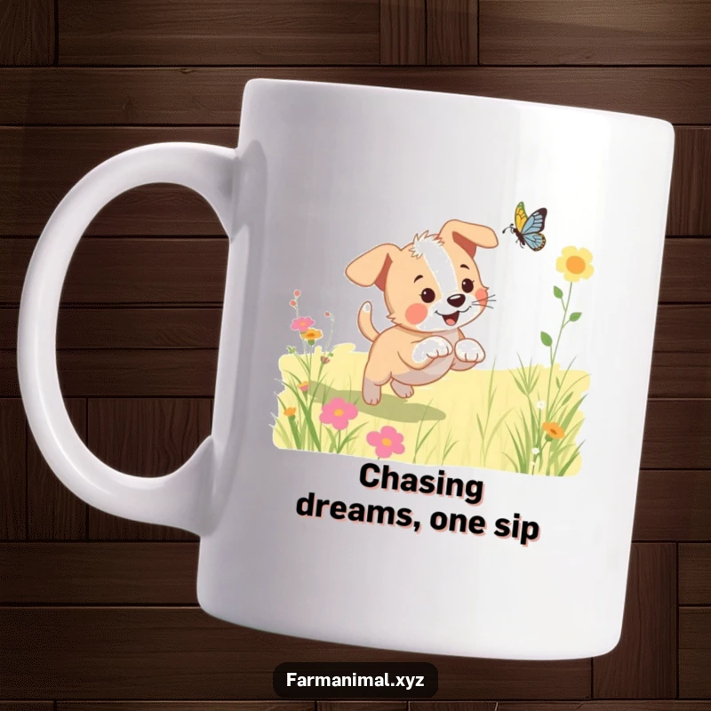 Funny puppy mug showing a playful dog joyfully chasing a butterfly in a bright, sunny meadow, capturing pure happiness.