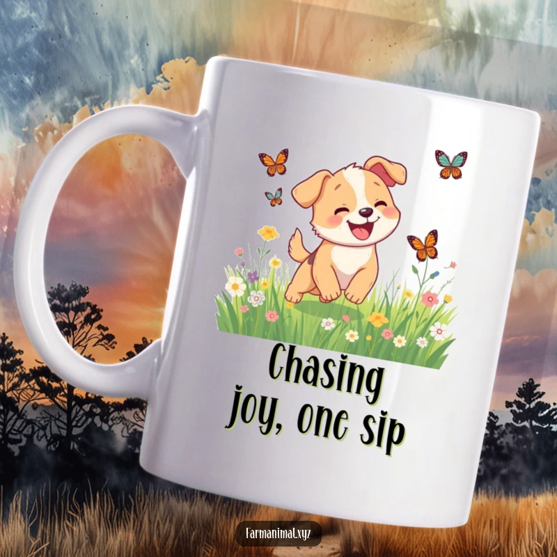 Funny happy dog joyfully chasing butterflies through a meadow on a mug, evoking pure canine bliss.