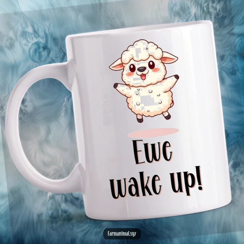 Funny Sheep Mug showing a fluffy sheep mid-air, attempting a cute, funny jump, radiating joy and playful energy.
