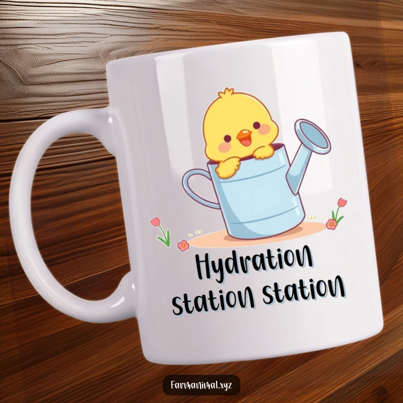 Funny chick pecking playfully at a giant watering can, a cute and humorous farm animal design for a mug.