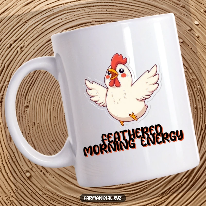 Funny Chicken Mug: An energetic chicken flaps its wings with pure excitement, radiating joyful poultry spirit.