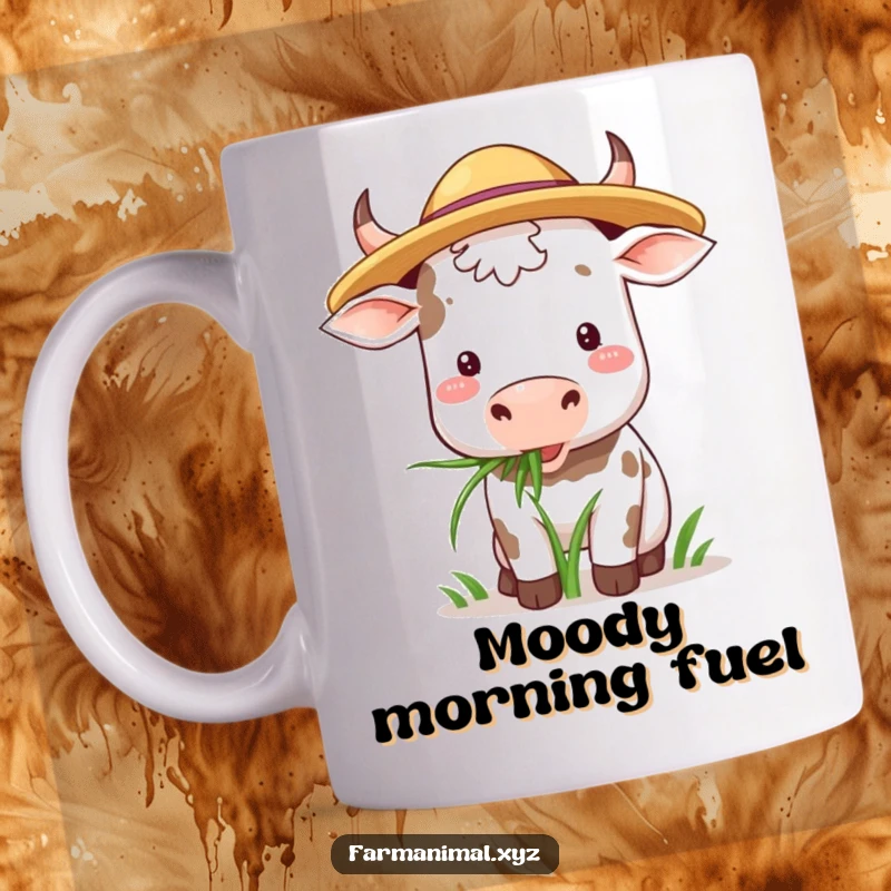 Funny Cow Mug: A cow wearing a straw hat happily chews grass, exuding a peaceful, rustic charm.