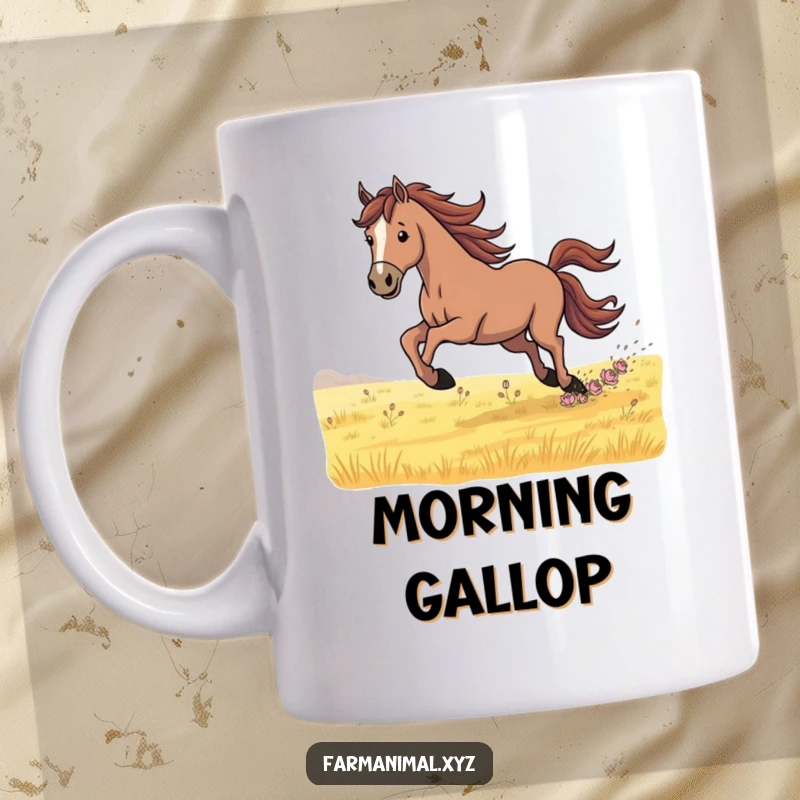 Funny Mug featuring a determined horse in full gallop across a scenic field, symbolizing freedom, power, and unwavering pursuit.