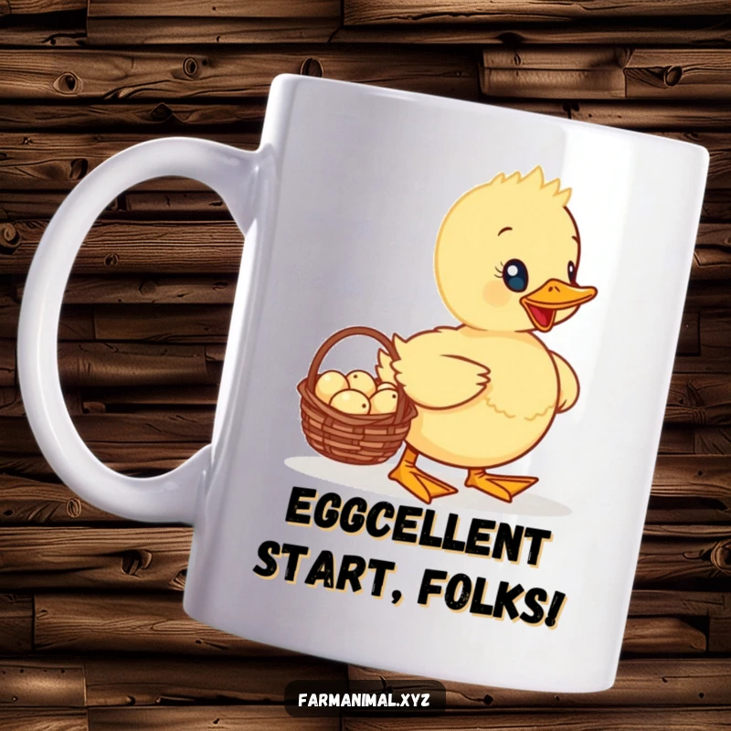 Funny Duckling Mug with a determined duckling waddling proudly with a basket full of tiny eggs, perfect for bird enthusiasts.