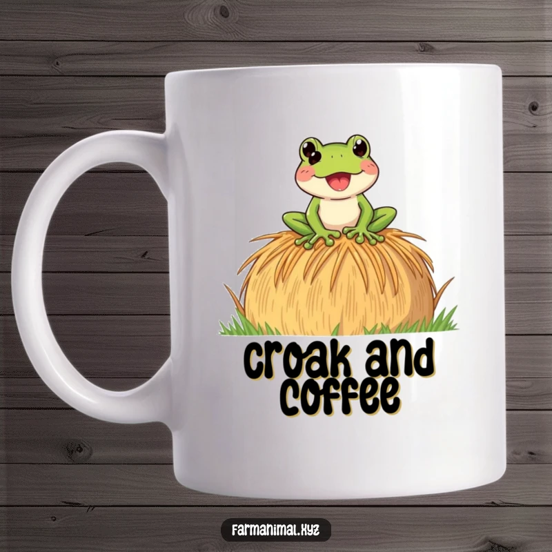 Funny Frog Mug featuring a playful frog loudly croaking while perched atop a hay bale, radiating cheerful farmyard noise.