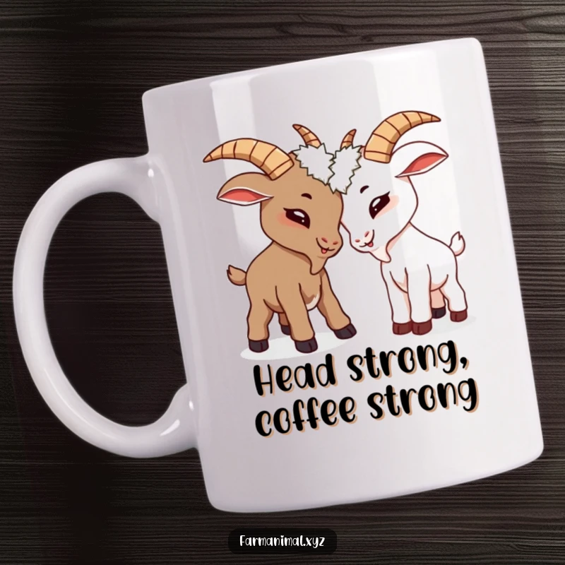 Funny goats playfully butting heads on a mug, a humorous depiction of farm animal interaction.