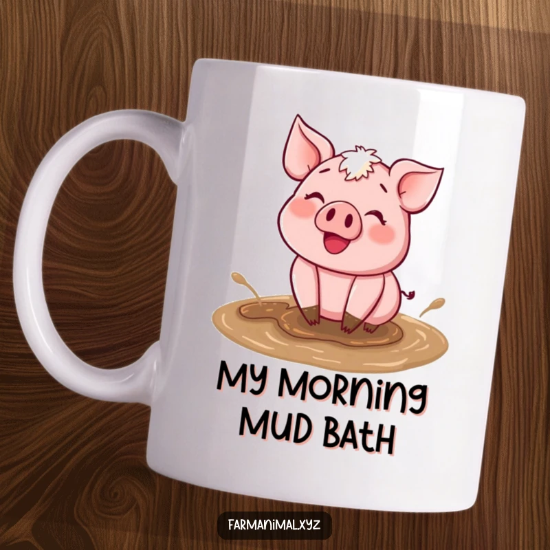 Funny Happy Pig Mud Mug showing a joyful pig happily wallowing in a mud puddle, embodying pure, messy bliss.