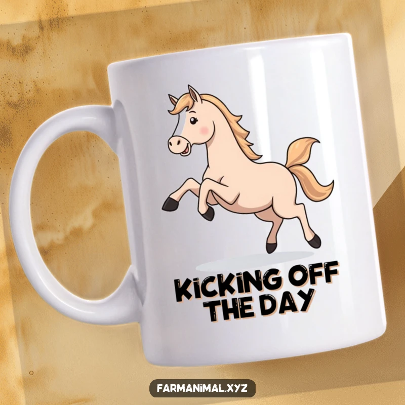 Funny Horse Gallop Mug: A spirited horse joyfully kicking its legs high while in a playful, energetic gallop.