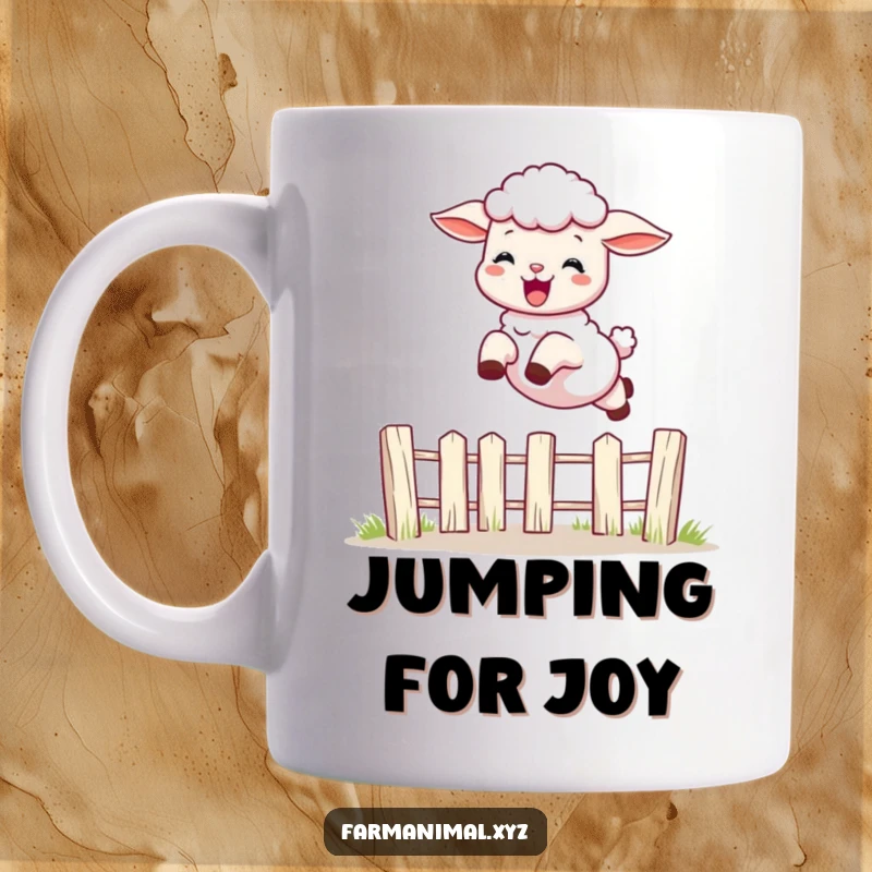 Funny playful lamb leaping over a small fence with pure delight, depicted on a mug, bringing cheerful farm humor.