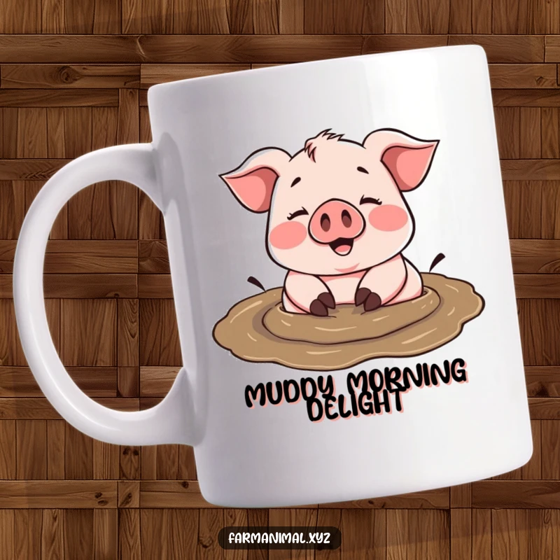 Funny cheerful pig happily rolling in a mud puddle, embodying pure joy and contentment on a mug.