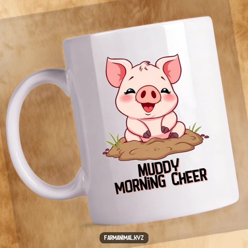 Funny cheerful piglet rolling happily in mud with a wide smile, depicted on a mug, bringing farmyard humor.