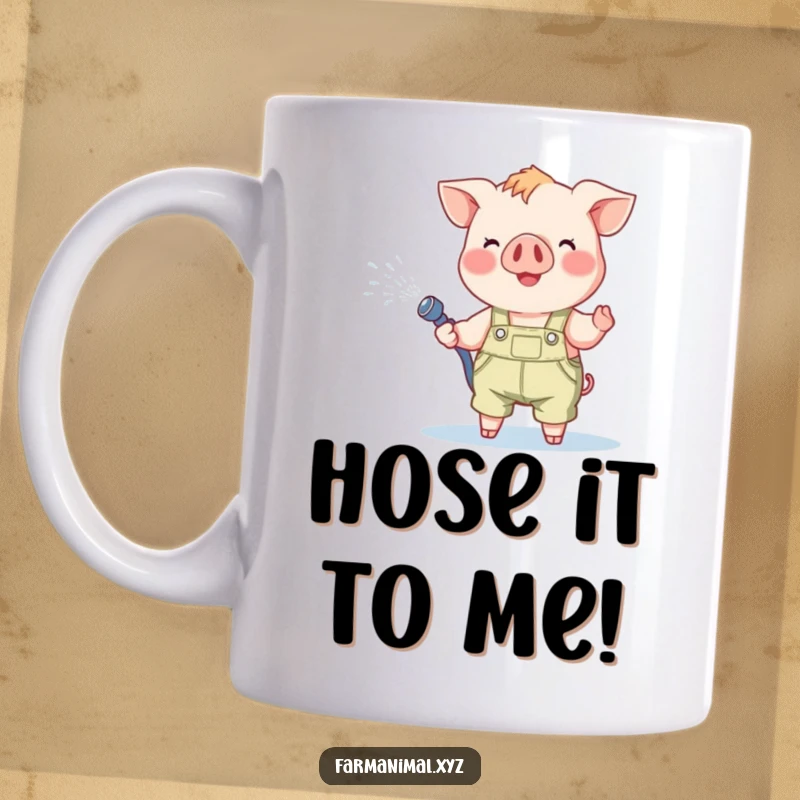 Funny Piglet Mug: A cheerful piglet in overalls happily sprays water from a hose, bringing outdoor fun to your hands.