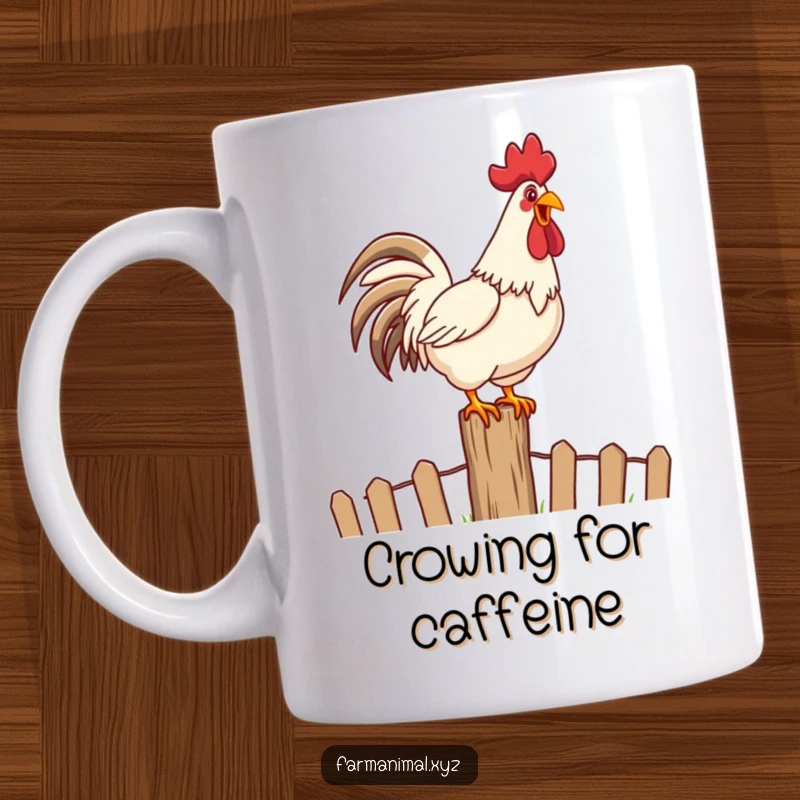 Funny Rooster Crowing Mug with a happy rooster loudly crowing on top of a fence post, full of morning spirit.
