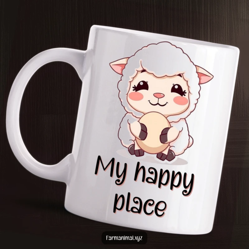 Funny Sheep Chewing Cud Mug, showing a sheep with a peaceful smile, contentedly munching, embodying tranquil farmyard vibes and gentle humor.