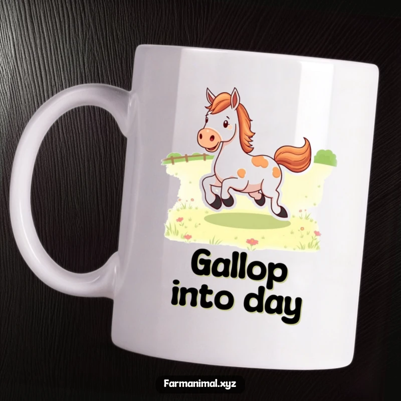 Funny happy horse character kicking its heels up joyfully in a green pasture. A delightful, energetic mug design.