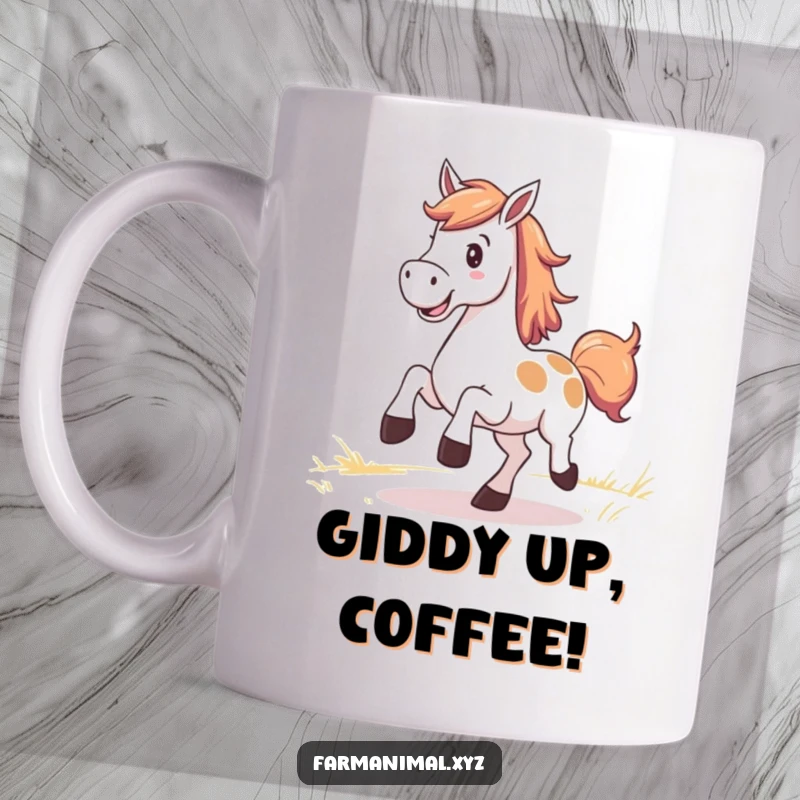 Funny Horse Mug featuring a smiling horse kicking up its heels in a pasture, celebrating joy.