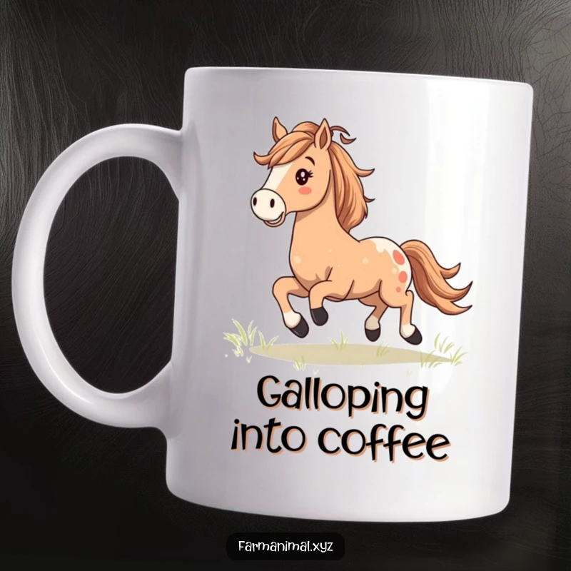 Happy Horse Galloping Mug, a joyful horse with a flowing mane gallops energetically across a green field, a majestic gift.