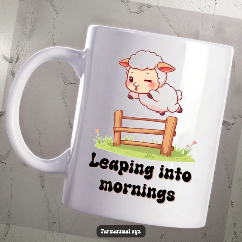 Funny sheep mug showing a determined sheep leaping energetically over a small farm fence, capturing a moment of playful farm ambition.