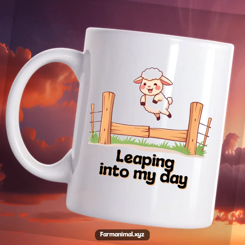 Funny mug with a giggling sheep enthusiastically jumping over a fence with a determined leap.