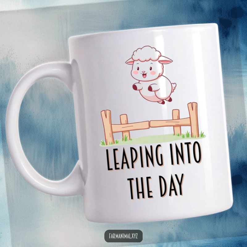 Funny Sheep Mug: A sheep playfully jumps over a small fence, showcasing freedom and joyful movement.