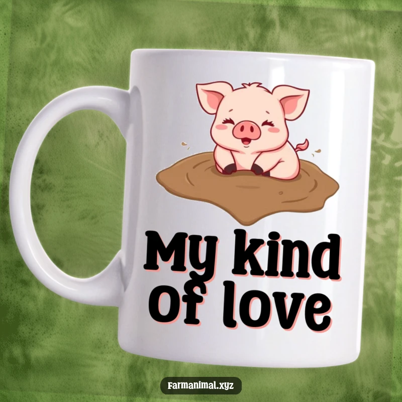Funny mug with a happy pig rolling in a heart-shaped mud puddle, radiating pure joy.