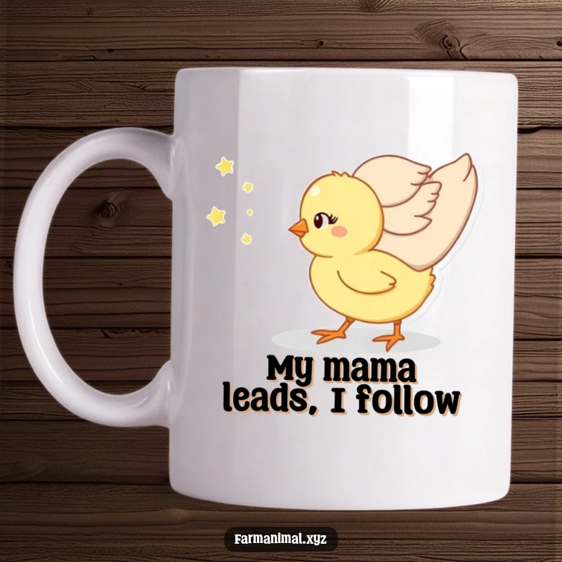 Funny chick following its mom on a mug, a heartwarming and humorous scene for bird lovers.