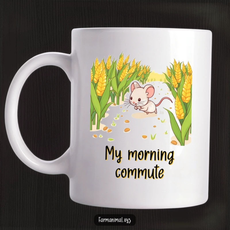 Funny Mouse Scurrying Mug, showing a small mouse happily darting through a cornfield, capturing a moment of joyful exploration and tiny adventure.