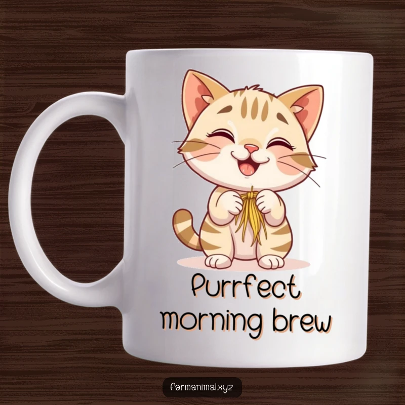 Funny Barn Cat Mug depicting a smiling cat playfully batting at a dangling piece of hay, radiating mischievous farm charm.