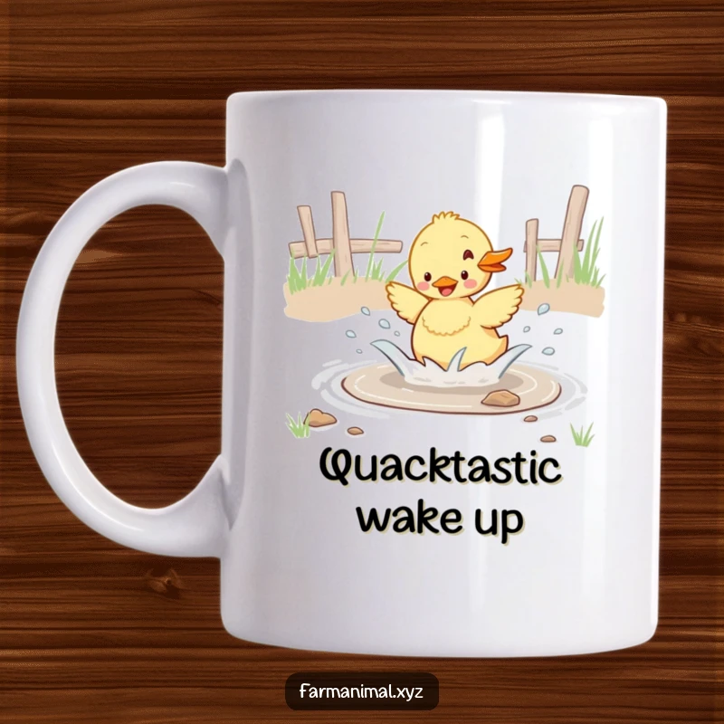 Funny duckling enthusiastically splashing in a barnyard puddle, a humorous and cute farm animal mug.