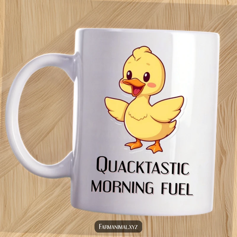 Funny cheerful duck mug, quacking loudly and flapping its wings with delight, a vibrant and amusing farmyard scene.