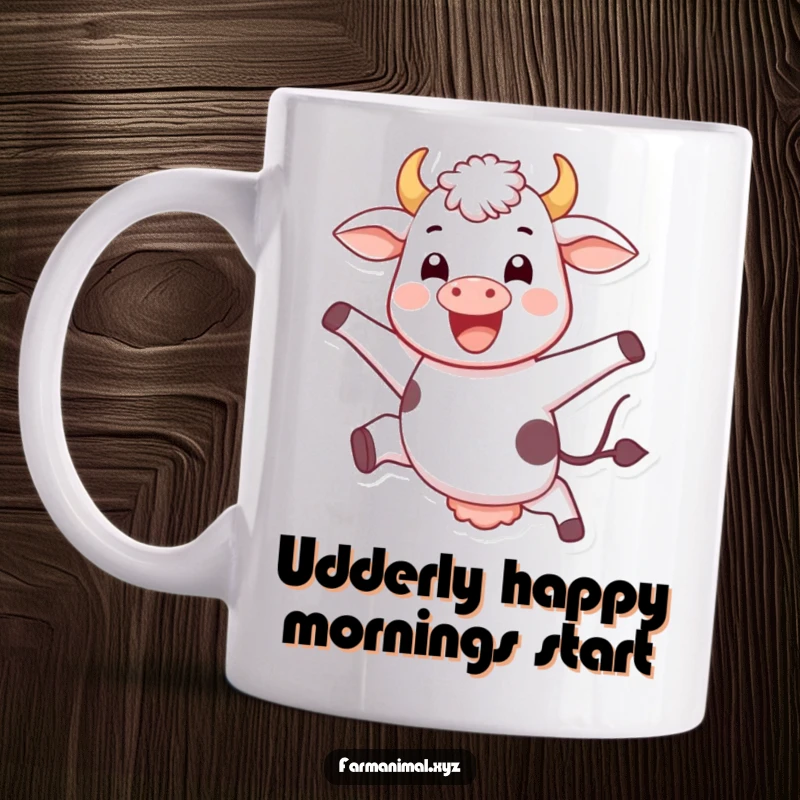Funny jumping cow mug, with a joyful expression, leaping high with delight, a whimsical farm scene for coffee lovers.