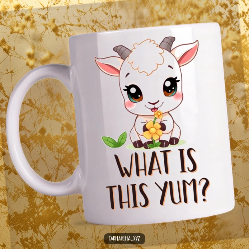 Funny goat mug showing a curious goat with wide eyes gently nibbling on a colorful flower.