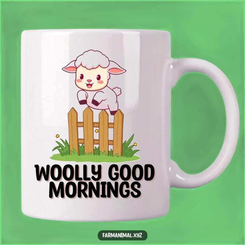 Funny Lamb Leaping Fence Mug - Excitable Farm Animal Gift