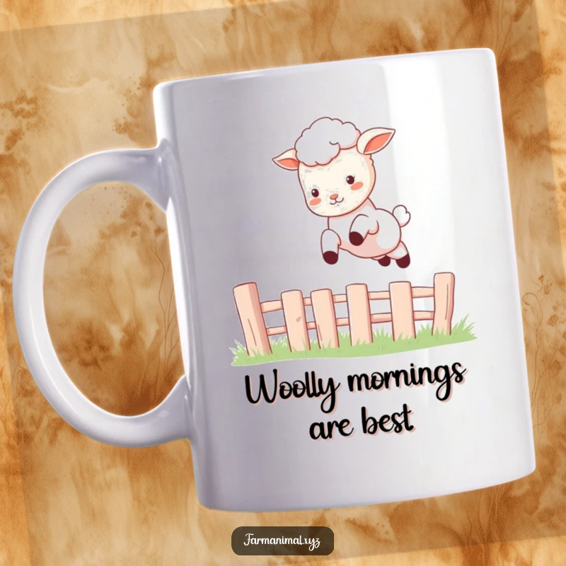 Funny Lamb Mug depicting a joyful lamb energetically leaping over a quaint white fence, conveying pure, unadulterated fun.