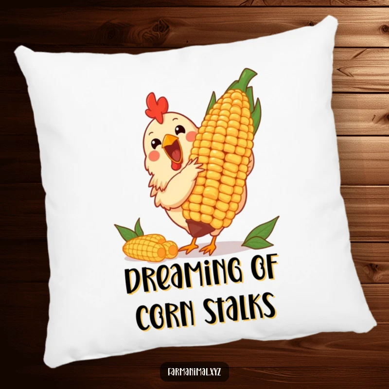 Funny pillow with a cheerful chicken pecking at a giant corn cob, offering soft comfort and farmyard humor.
