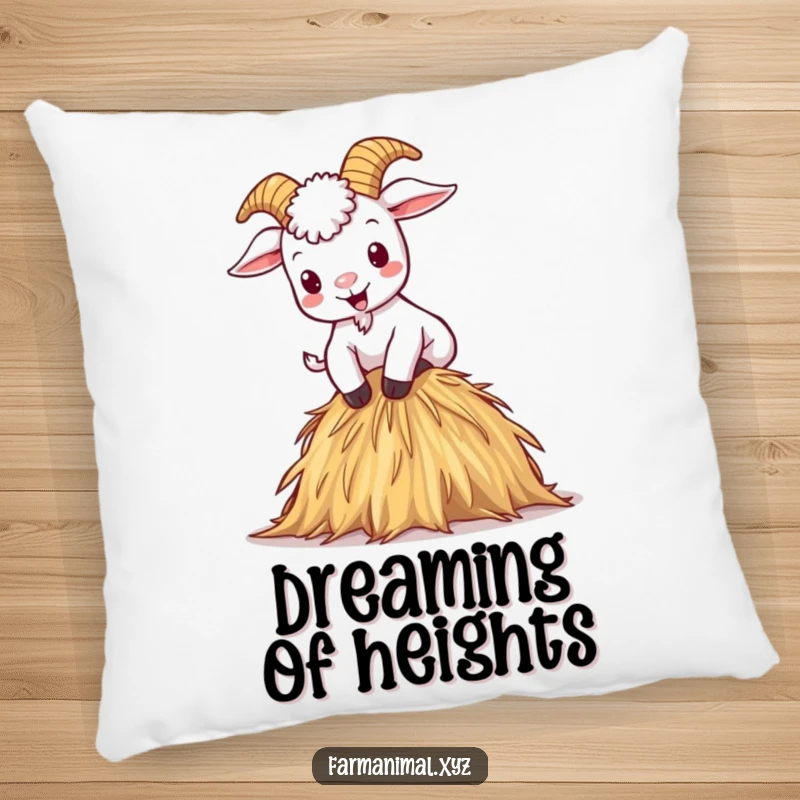 Funny pillow showcasing a mischievous cartoon goat climbing a haystack with glee, offering cozy fun.