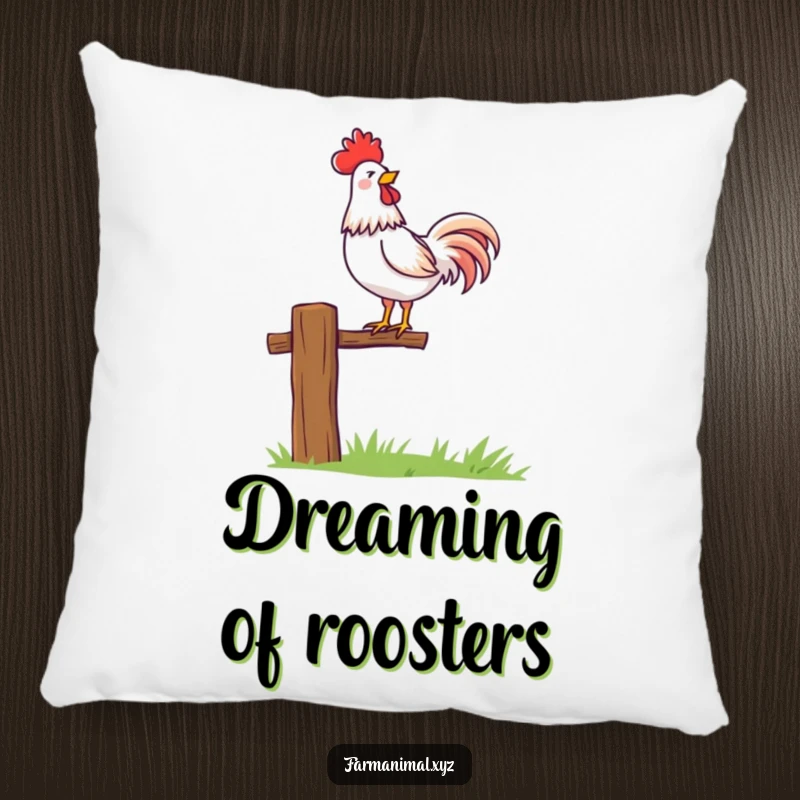 Funny rooster character proudly crowing atop a fence post, a soft and decorative pillow for any room.