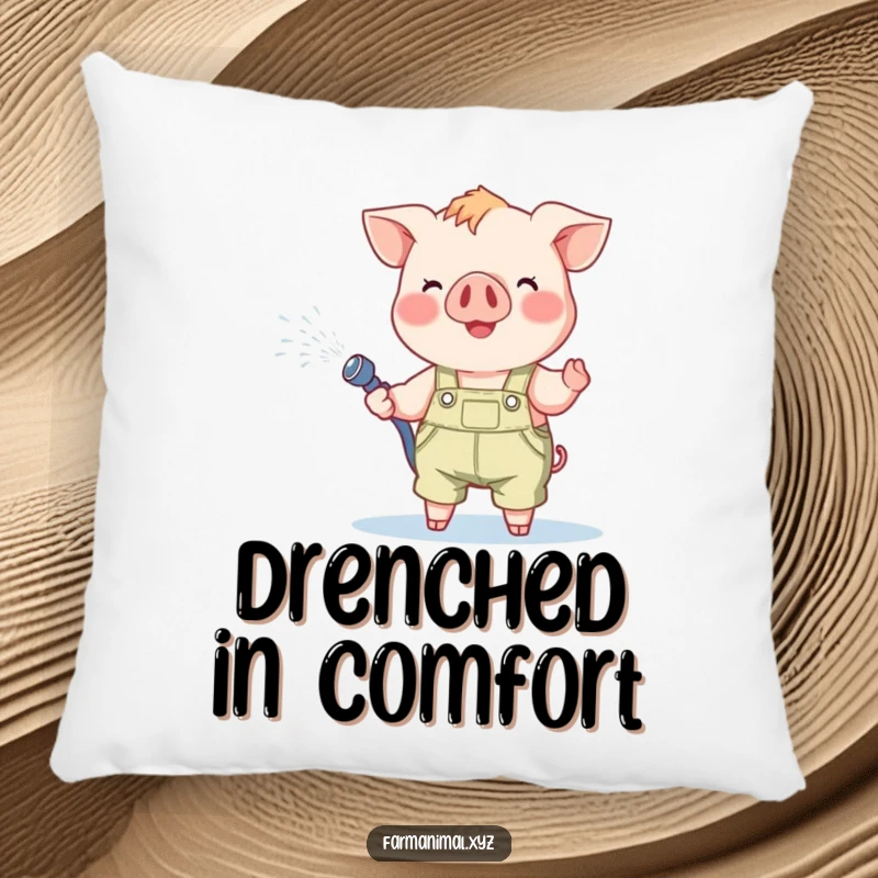 Funny Piglet Pillow: A cheerful piglet wearing overalls, happily spraying water from a hose, offering cozy comfort.